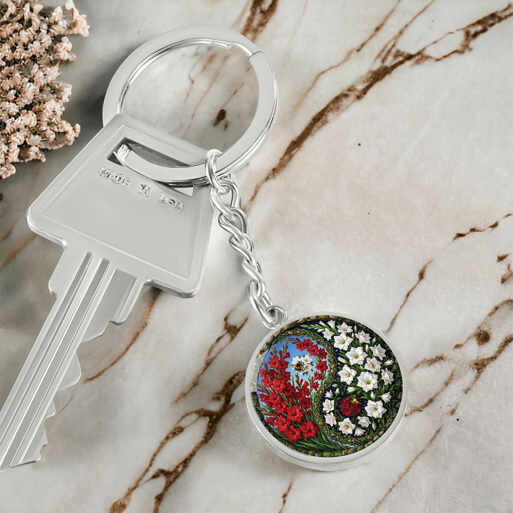 Gladiolus Yin Yang Keychain - August Birth Month Flower Pendant Jewelry
