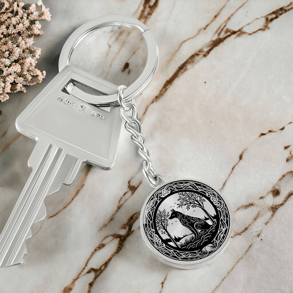 An Elegant silver pendant Celtic Wolf Keychain with a silver and Black background. This jewelry offers personalization with an engraving option for a name.