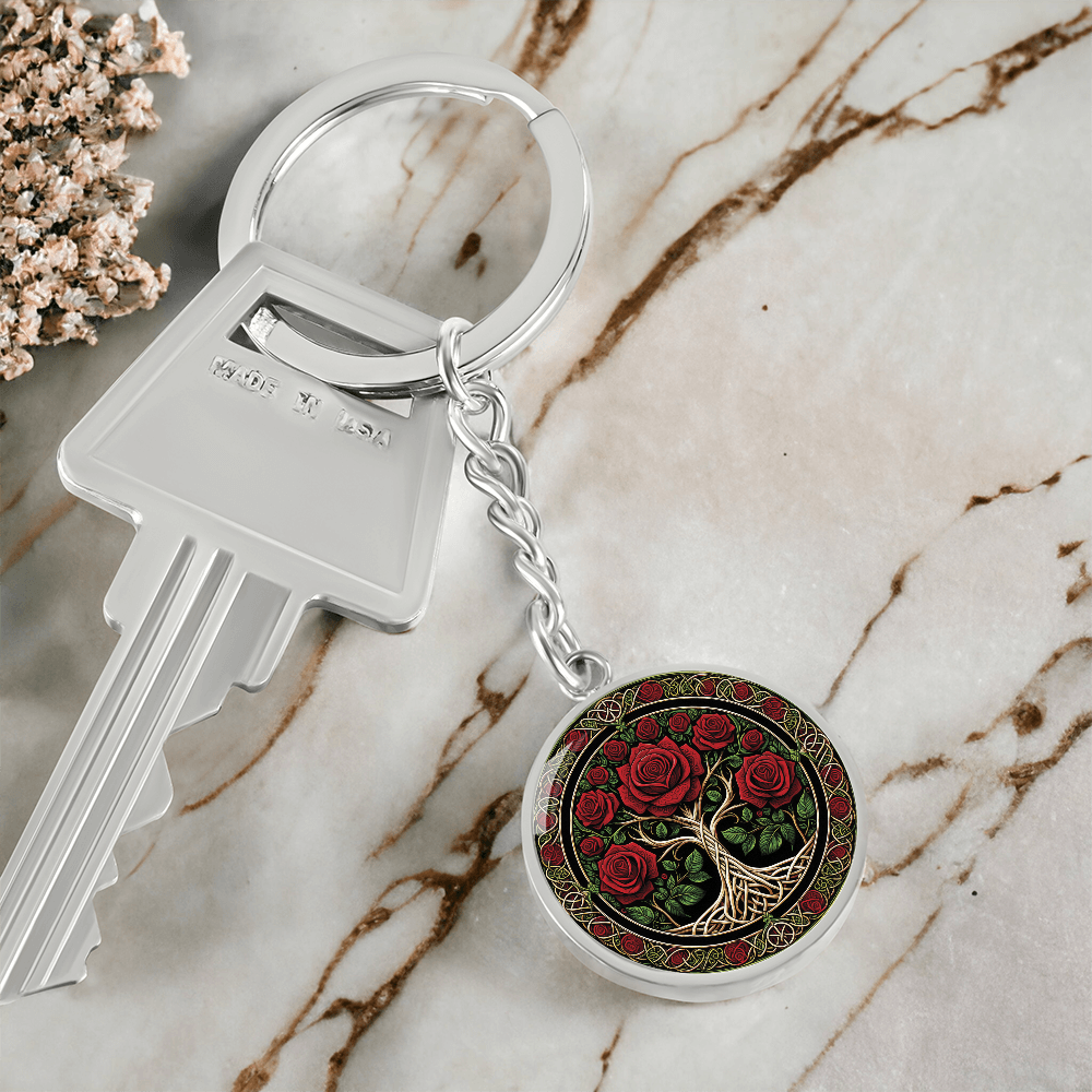 Celtic Tree of Life Pendant Keychain - Rose June Birth Flower Jewelry