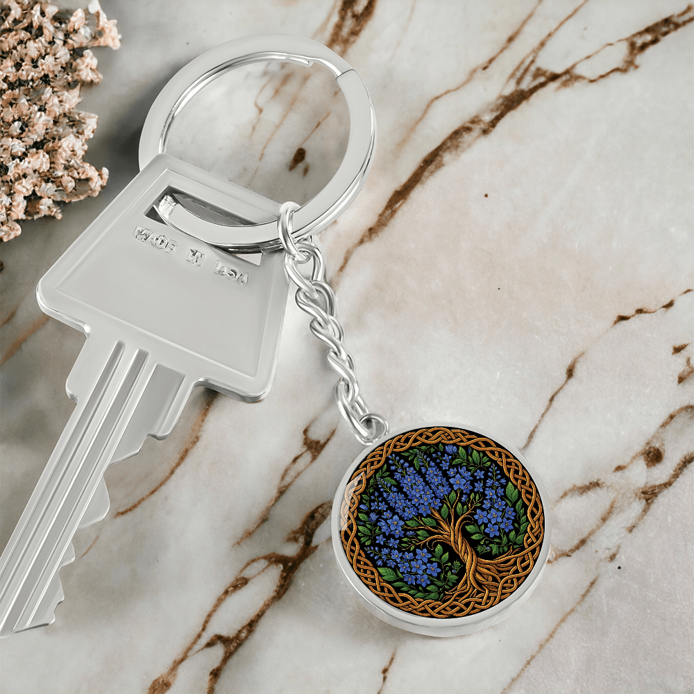 Celtic Tree of Life Pendant Keychain - Larkspur July Birth Flower Jewelry