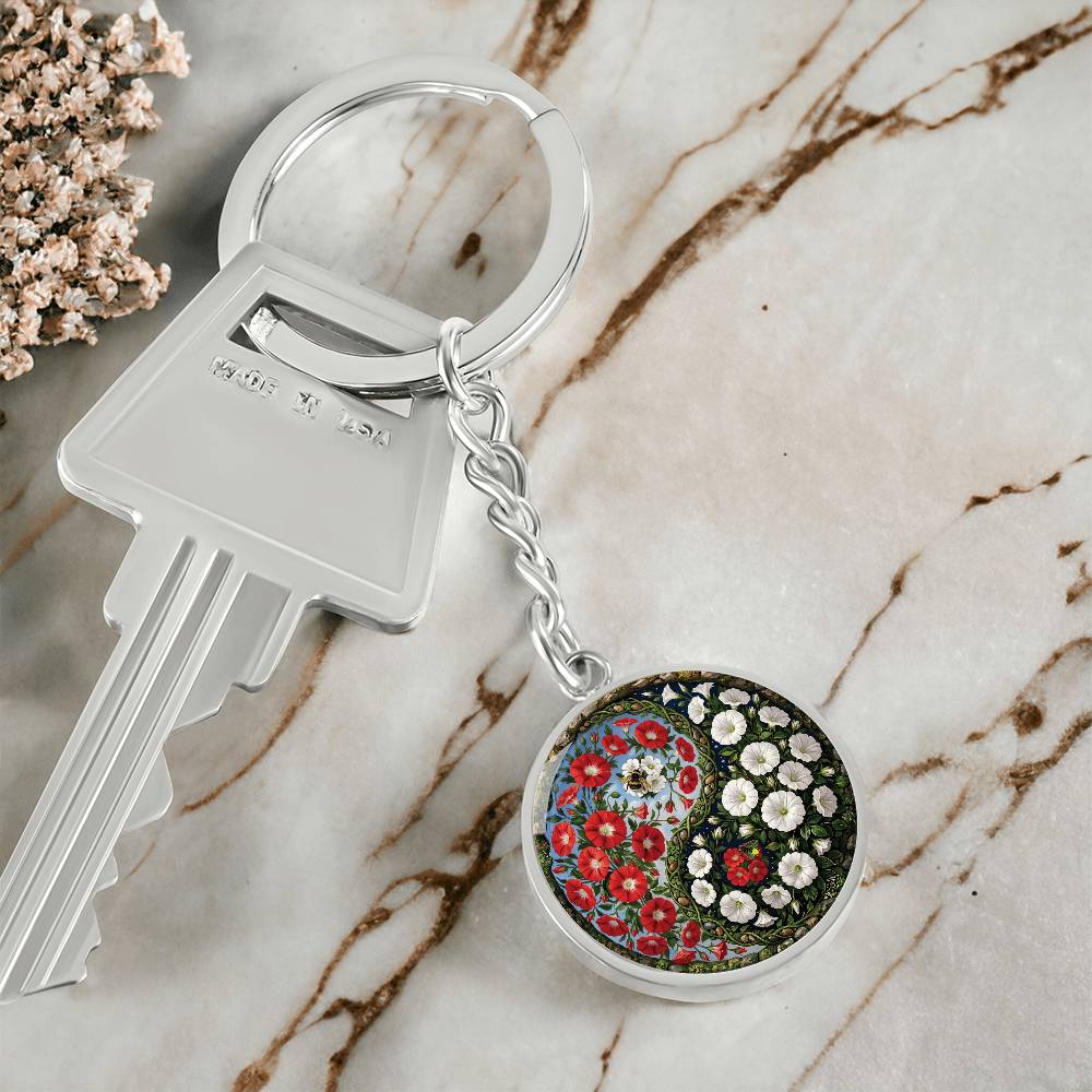 Red and White Morning Glory Yin Yang Keychain - September Birth Month Flower Pendant Jewelry