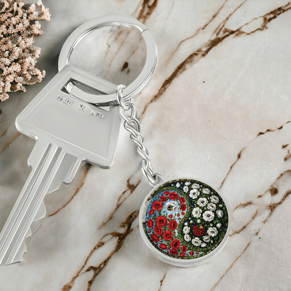 Poppy Yin Yang Keychain - August Birth Month Flower Pendant Jewelry