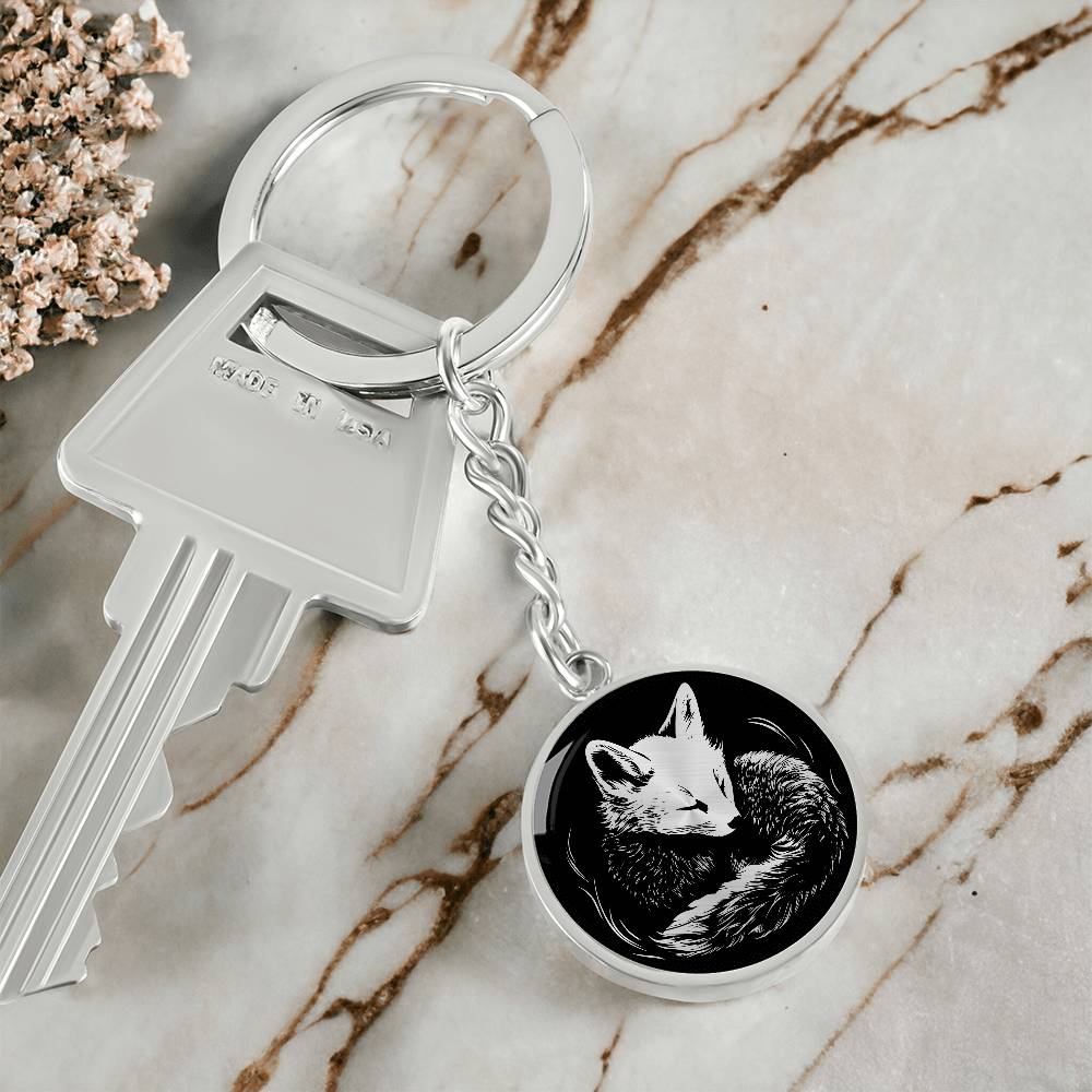 Elegant Silver pendant featuring a Personalized Fox Keychain, With a silver Fox Set against a black background. This jewelry offers Customization with an engraving option for a name.