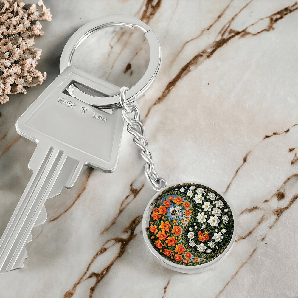Daffodil Yin Yang Keychain - March Birth Month Flower Pendant Jewelry
