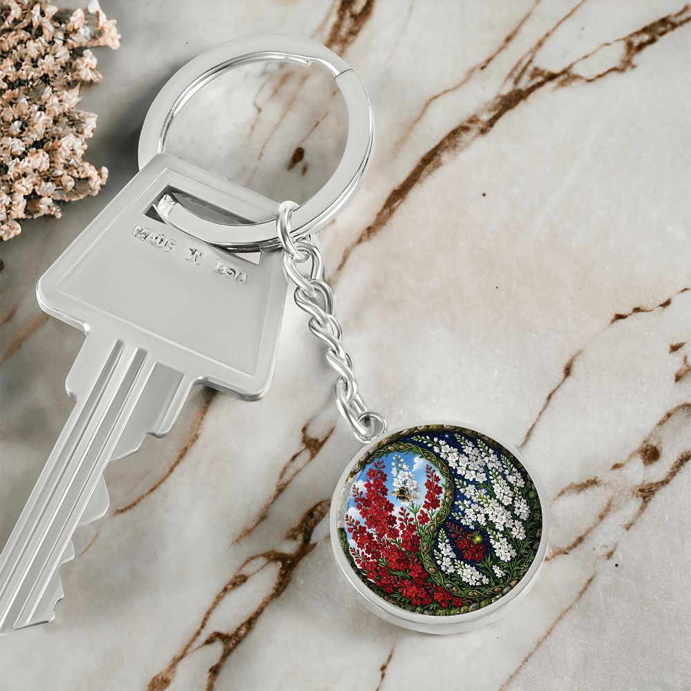 Larkspur Yin Yang Keychain - July Birth Month Flower Pendant Jewelry