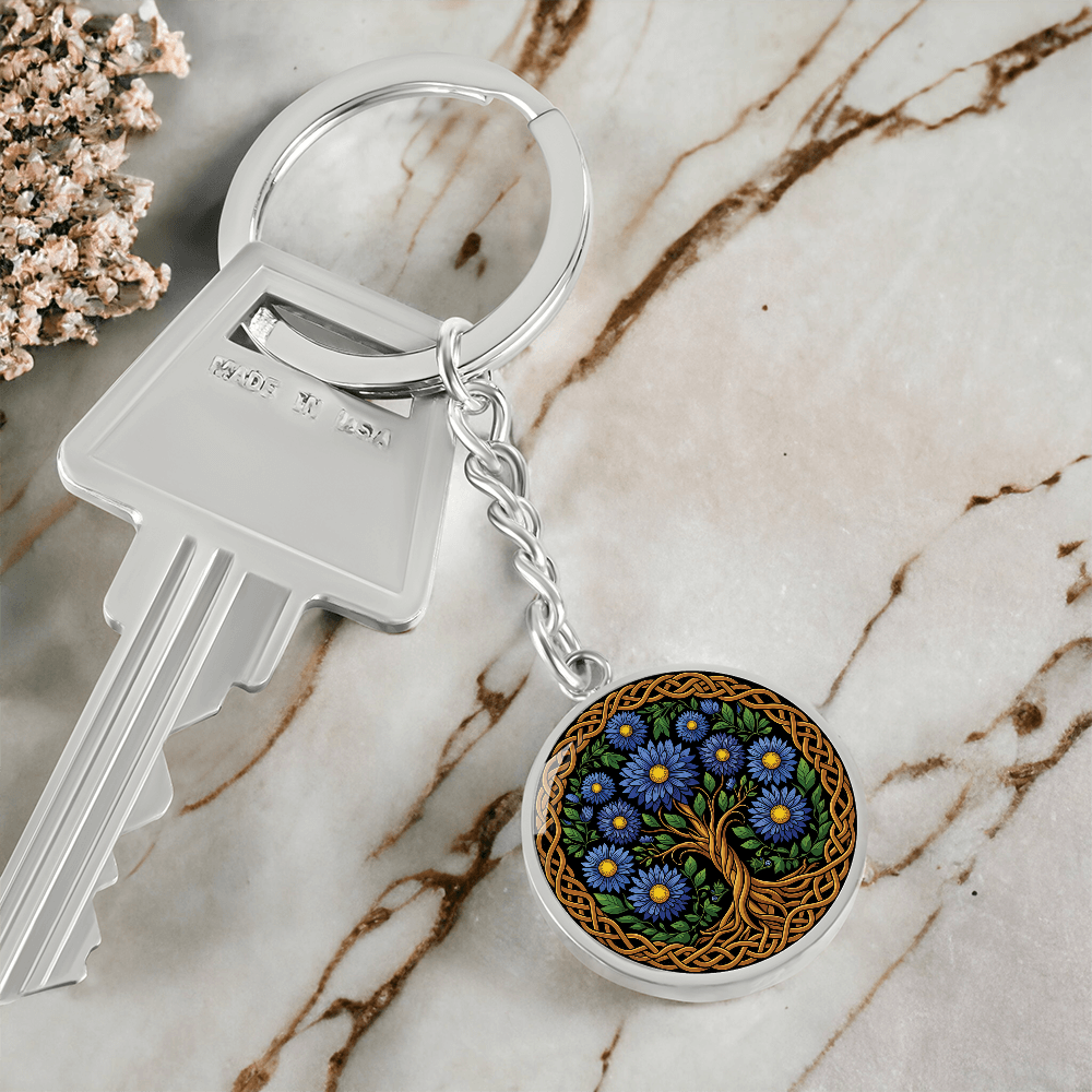 Celtic Tree of Life Pendant Keychain - Aster September Birth Flower Jewelry