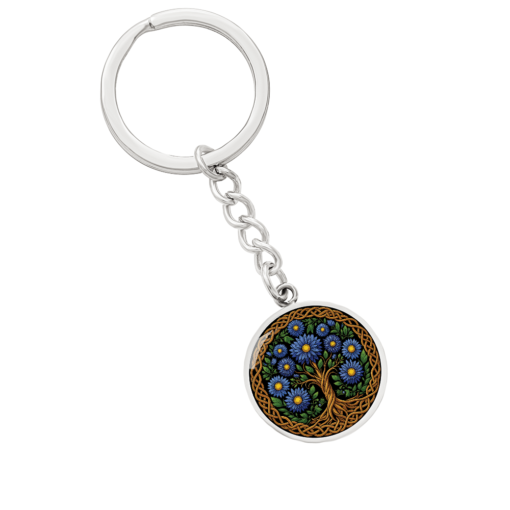 Celtic Tree of Life Pendant Keychain - Aster September Birth Flower Jewelry