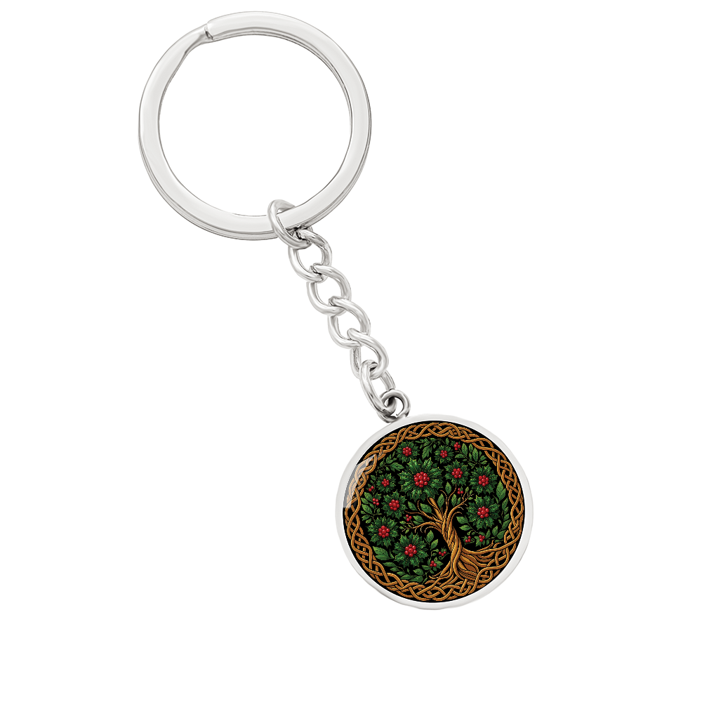 Celtic Tree of Life Pendant Keychain - Holly December Birth Flower Jewelry