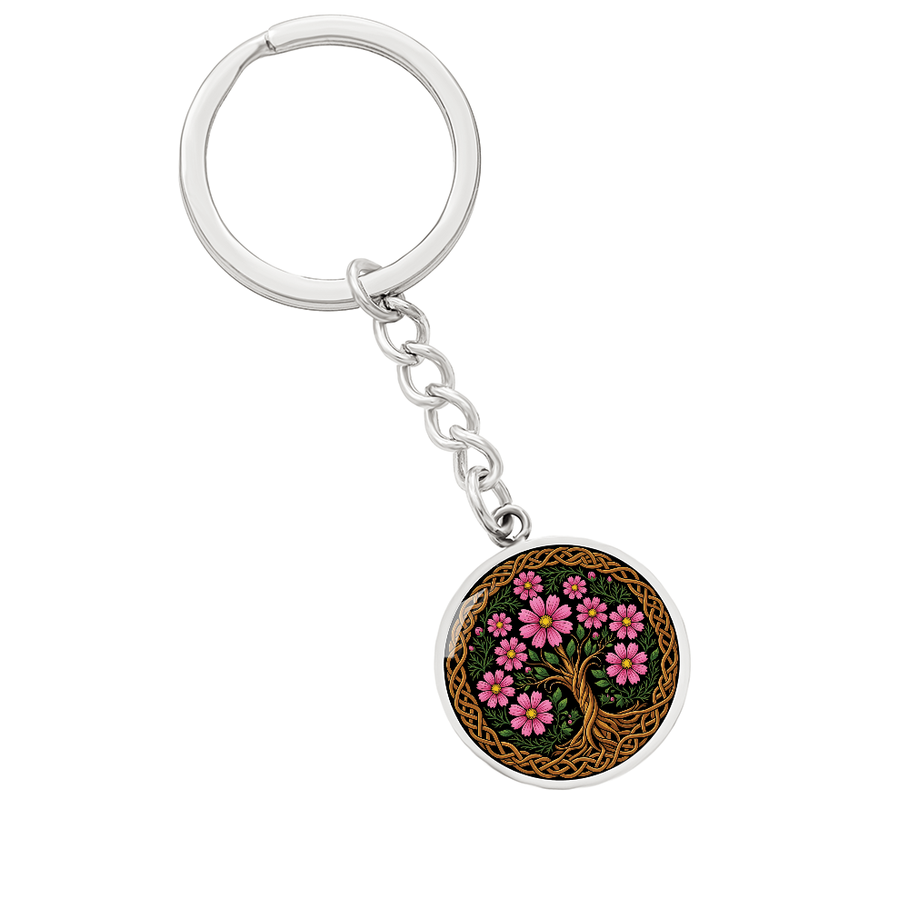 Celtic Tree of Life Pendant Keychain - Cosmos October Birth Flower Jewelry