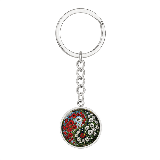 Poppy Yin Yang Keychain - August Birth Month Flower Pendant Jewelry