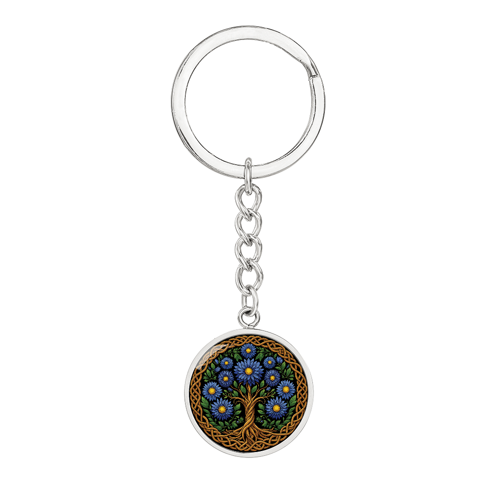 Celtic Tree of Life Pendant Keychain - Aster September Birth Flower Jewelry