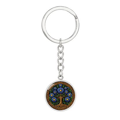 Celtic Tree of Life Pendant Keychain - Aster September Birth Flower Jewelry