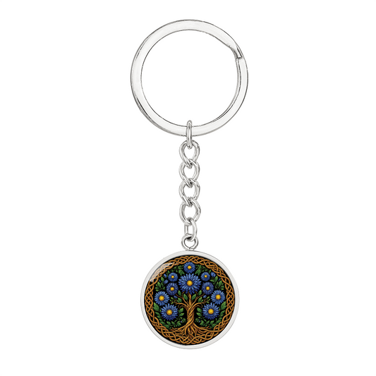 Celtic Tree of Life Pendant Keychain - Aster September Birth Flower Jewelry