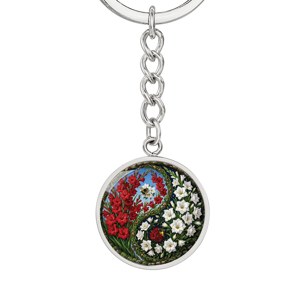 Gladiolus Yin Yang Keychain - August Birth Month Flower Pendant Jewelry