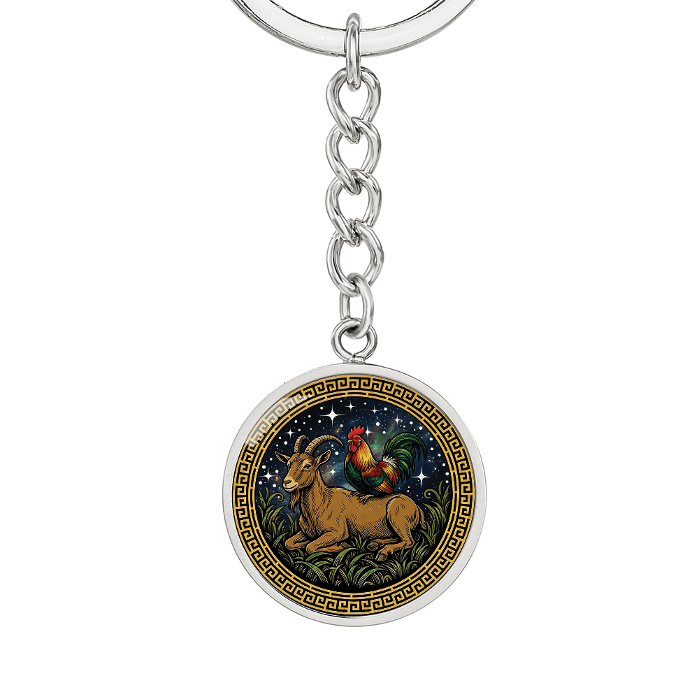 Rooster & Goat Keychain - Couples Chinese Zodiac Animal Pendant Jewelry