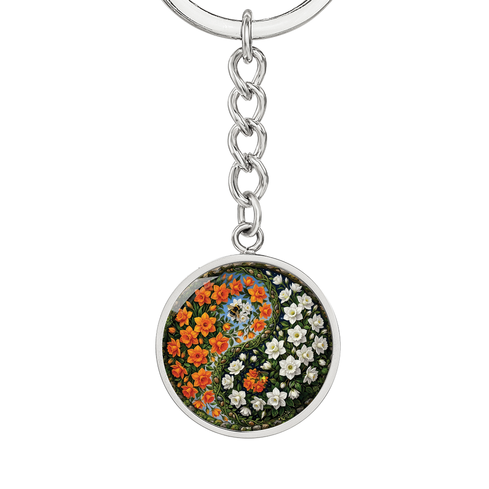 Daffodil Yin Yang Keychain - March Birth Month Flower Pendant Jewelry