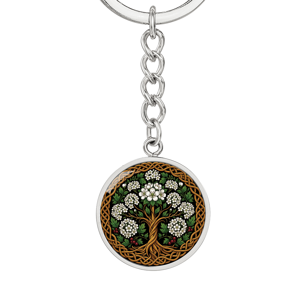 Celtic Tree of Life Pendant Keychain - Hawthorn May Birth Flower Jewelry