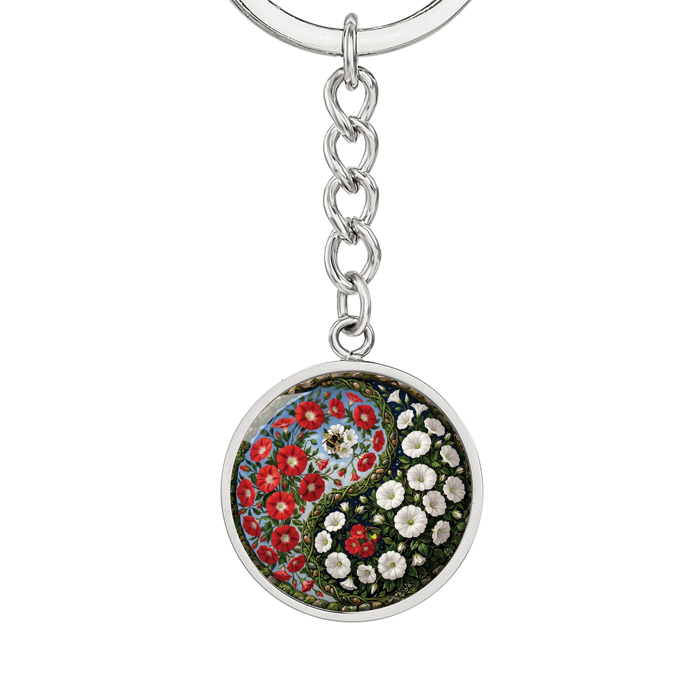 Red and White Morning Glory Yin Yang Keychain - September Birth Month Flower Pendant Jewelry