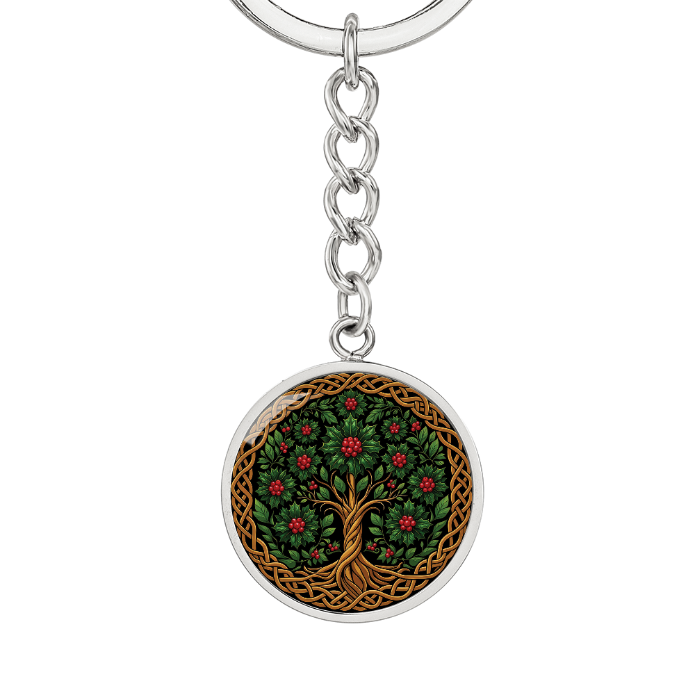 Celtic Tree of Life Pendant Keychain - Holly December Birth Flower Jewelry
