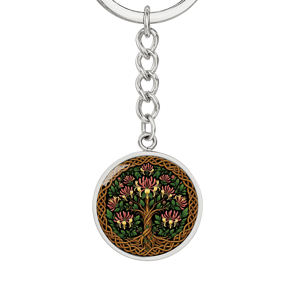 Celtic Tree of Life Pendant Keychain - Honeysuckle June Birth Flower Jewelry
