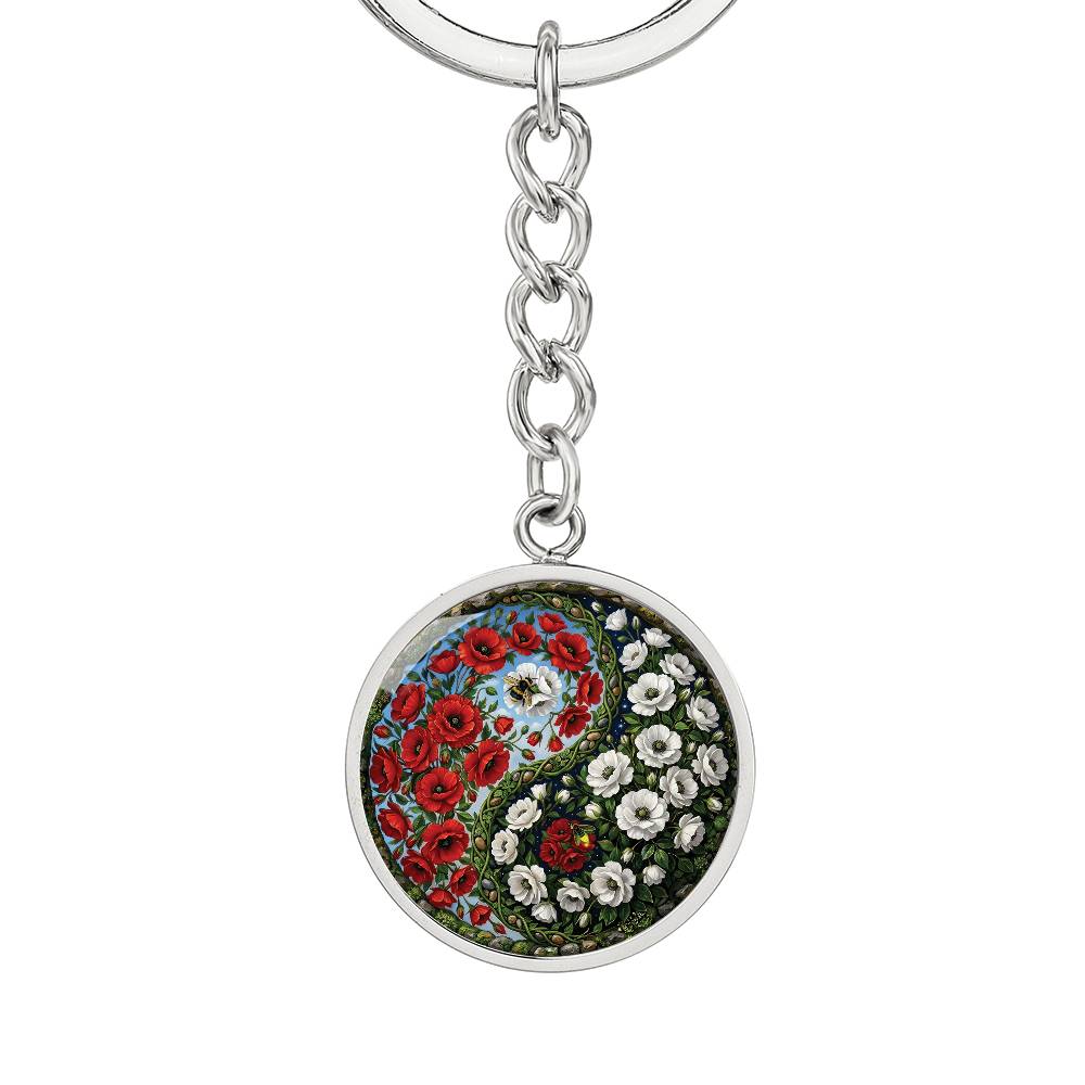 Poppy Yin Yang Keychain - August Birth Month Flower Pendant Jewelry