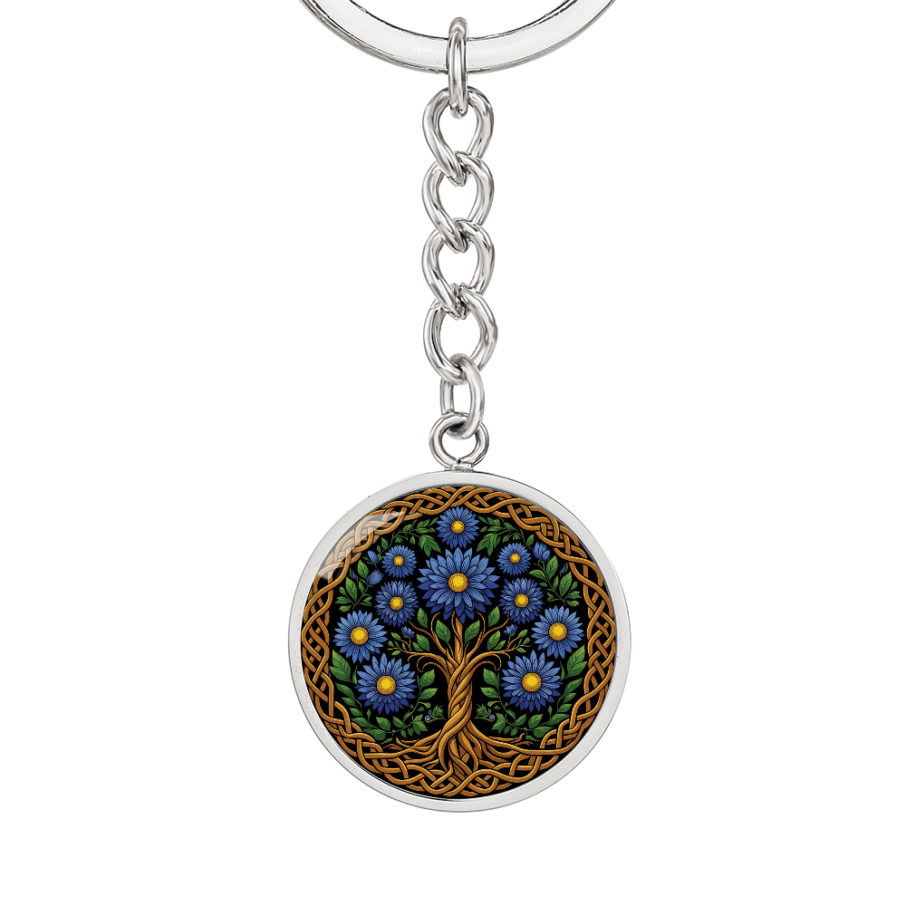 Celtic Tree of Life Pendant Keychain - Aster September Birth Flower Jewelry