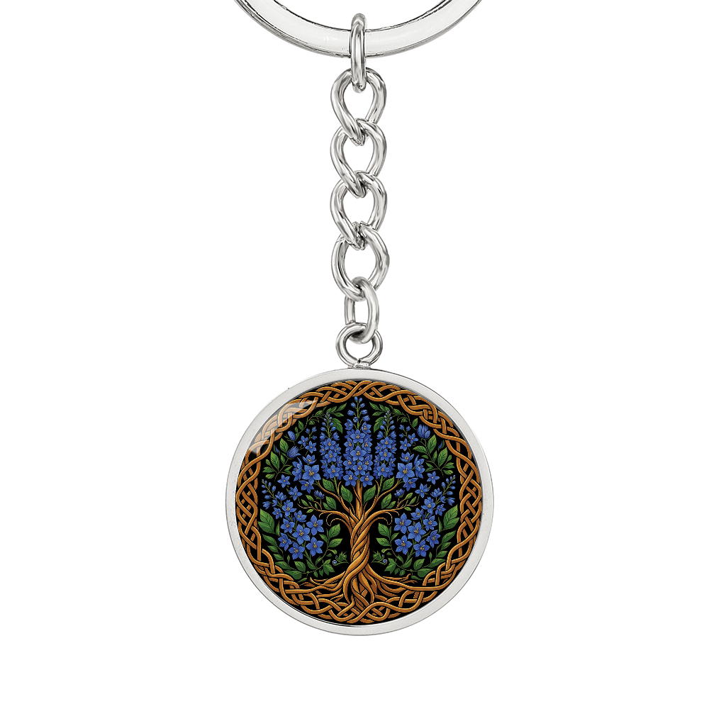 Celtic Tree of Life Pendant Keychain - Larkspur July Birth Flower Jewelry