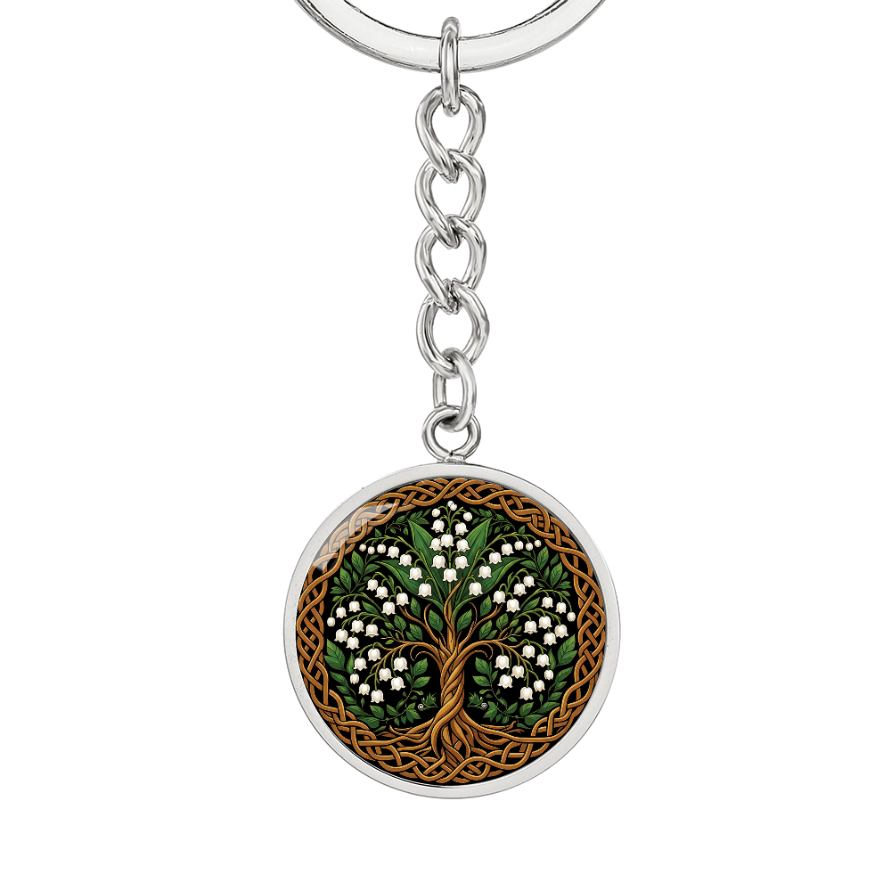 Celtic Tree of Life Pendant Keychain - Lily of the Valley May Birth Flower Jewelry