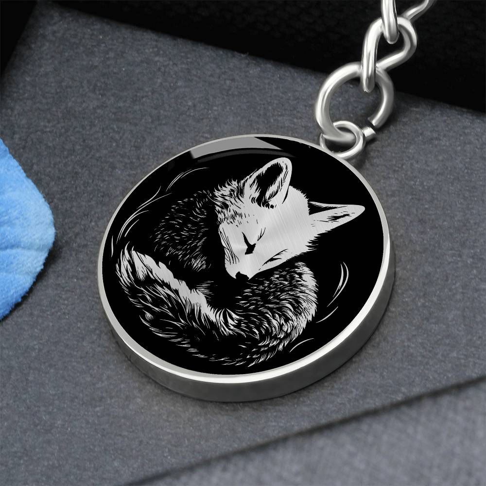 Elegant Silver pendant featuring a Personalized Fox Keychain, With a silver Fox Set against a black background. This jewelry offers Customization with an engraving option for a name.