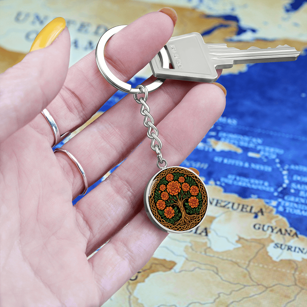 Celtic Tree of Life Pendant Keychain - Marigold October Birth Flower Jewelry