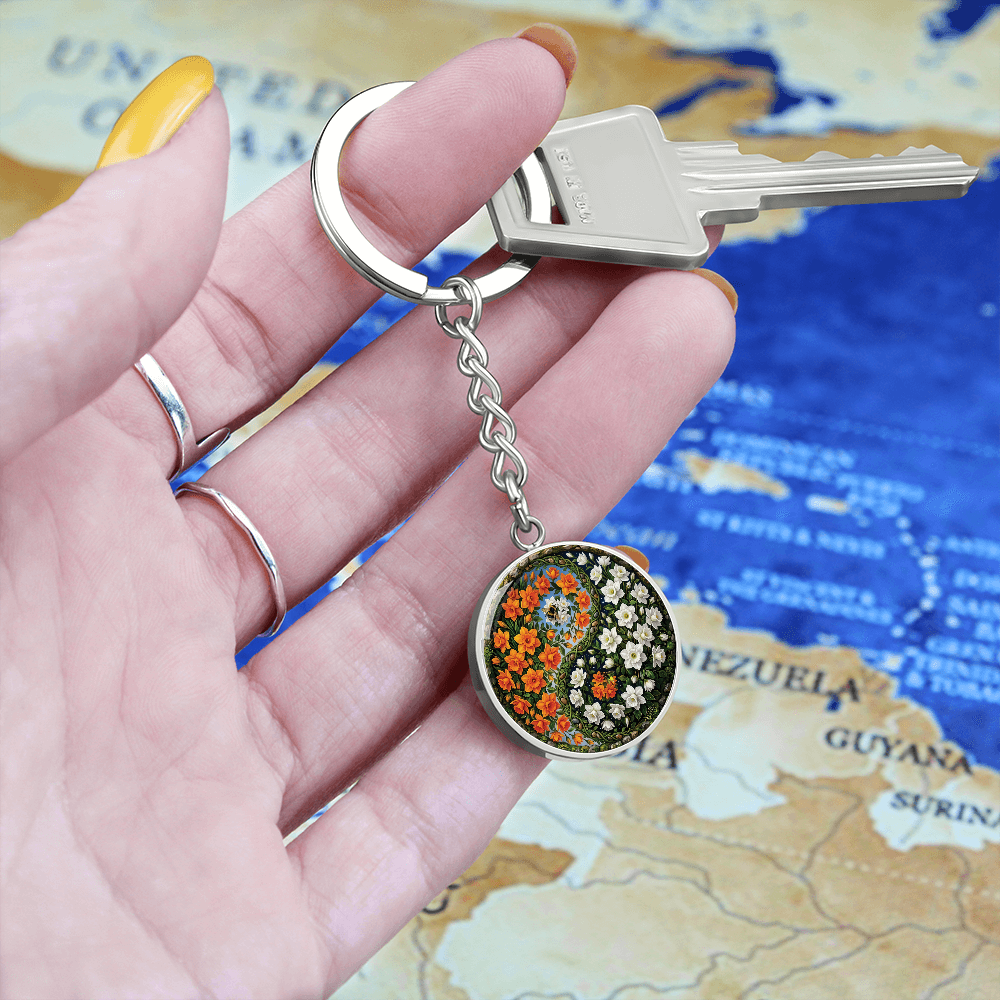 Daffodil Yin Yang Keychain - March Birth Month Flower Pendant Jewelry