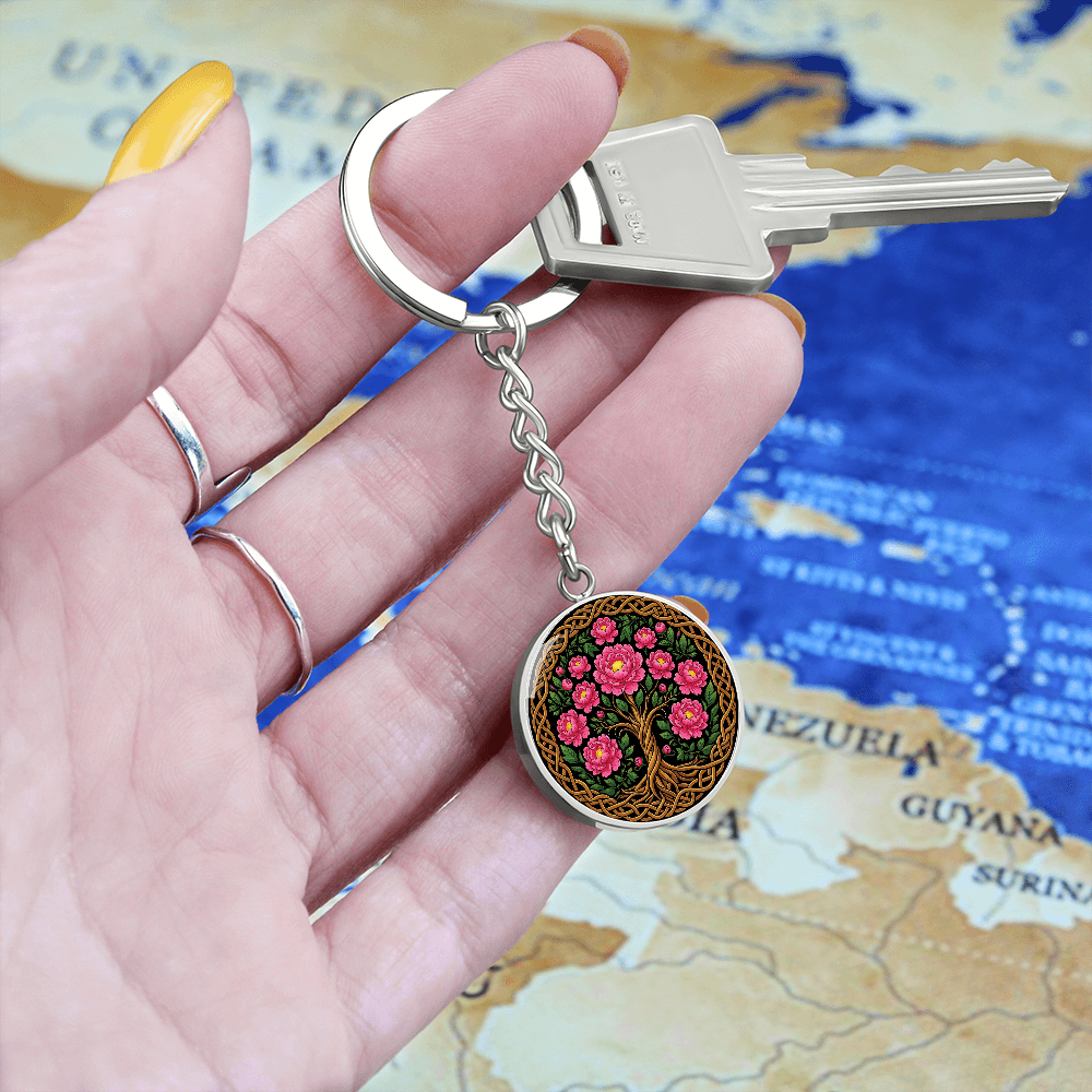 Celtic Tree of Life Pendant Keychain - Peony November Birth Flower Jewelry