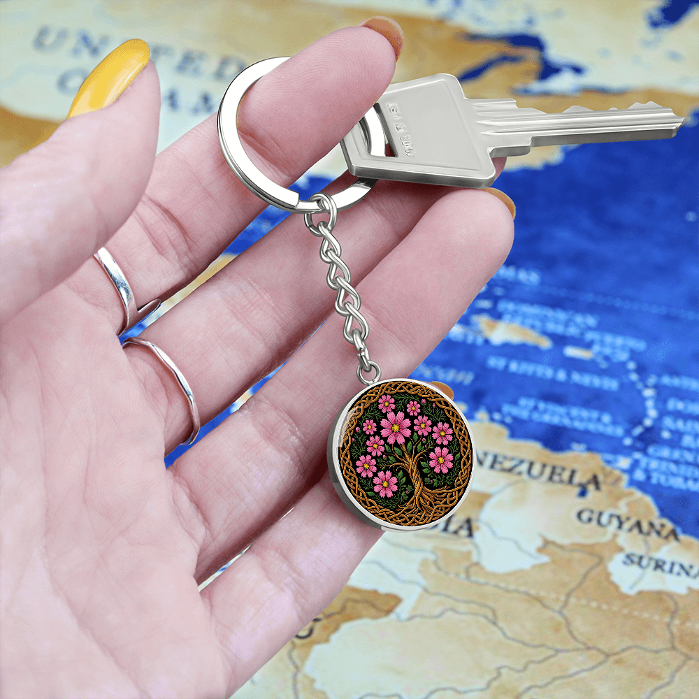 Celtic Tree of Life Pendant Keychain - Cosmos October Birth Flower Jewelry