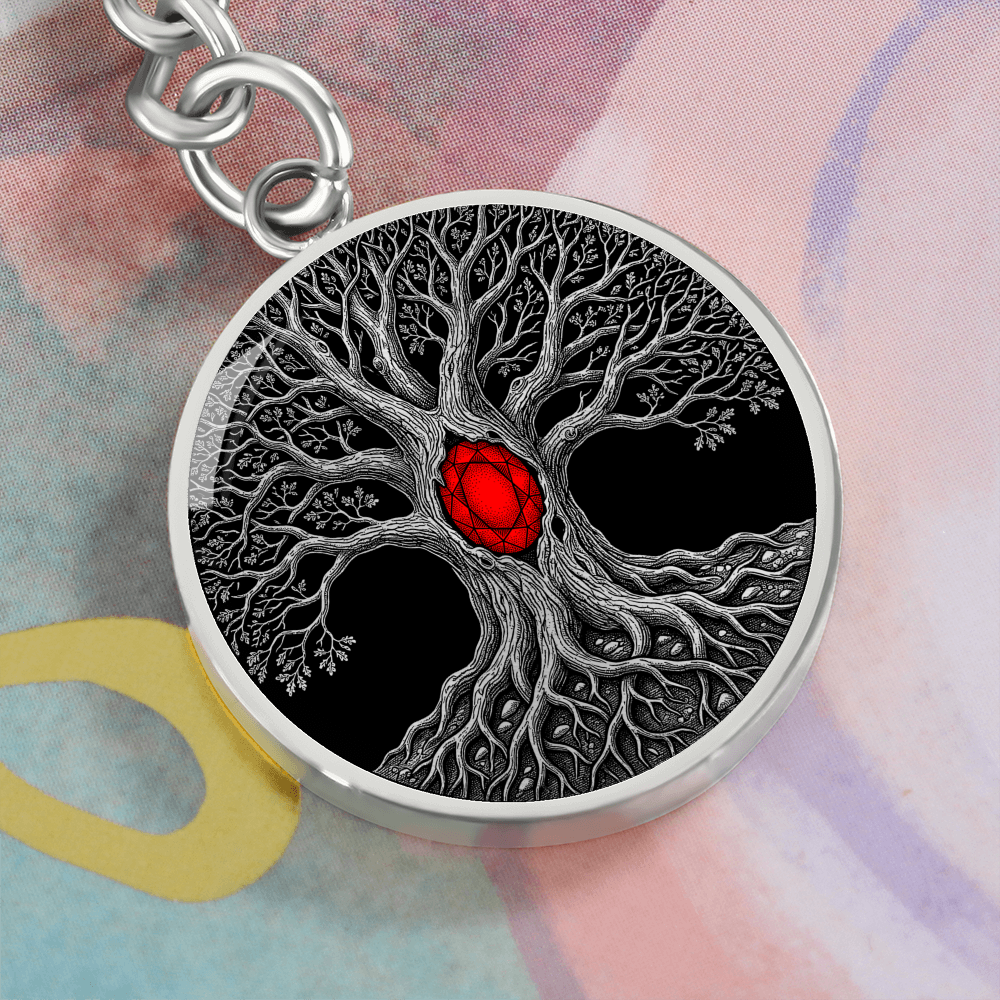 Tree of Life Keychain - Red Birthstone Design