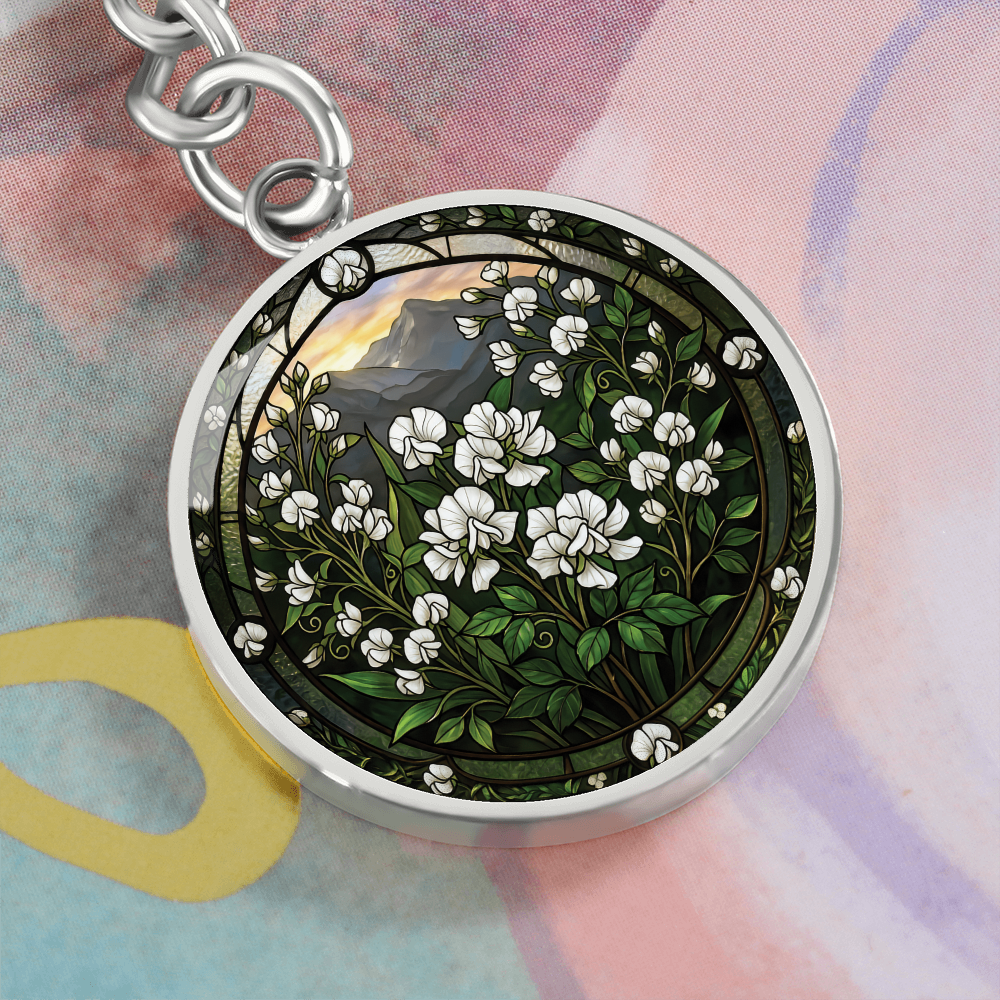 White Sweet Pea Keychain - April Birth Flower Pendant Jewelry