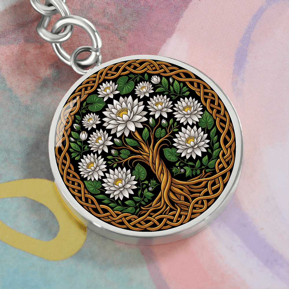 Celtic Tree of Life Pendant Keychain - Water Lily July Birth Flower Jewelry