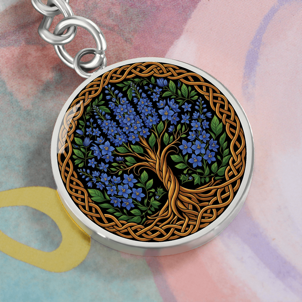 Celtic Tree of Life Pendant Keychain - Larkspur July Birth Flower Jewelry