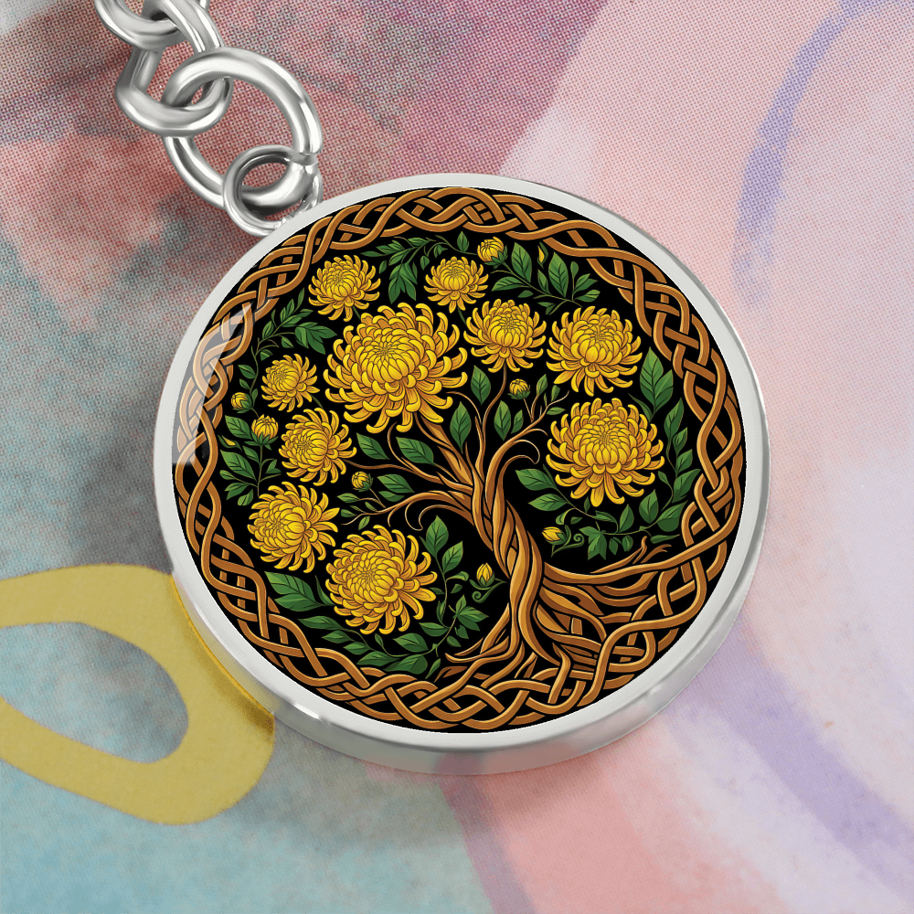 Celtic Tree of Life Pendant Keychain - Chrysanthemum November Birth Flower Jewelry