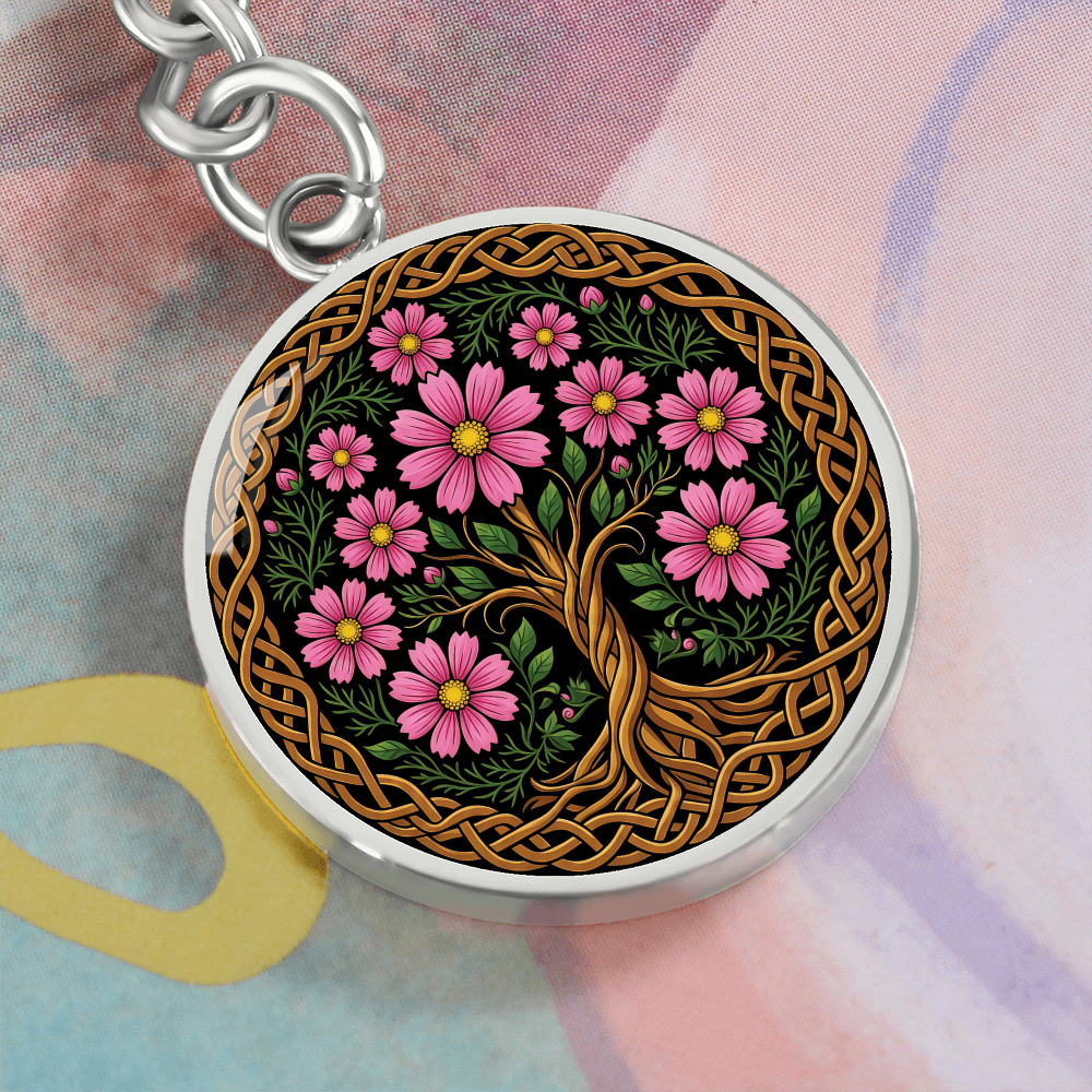 Celtic Tree of Life Pendant Keychain - Cosmos October Birth Flower Jewelry