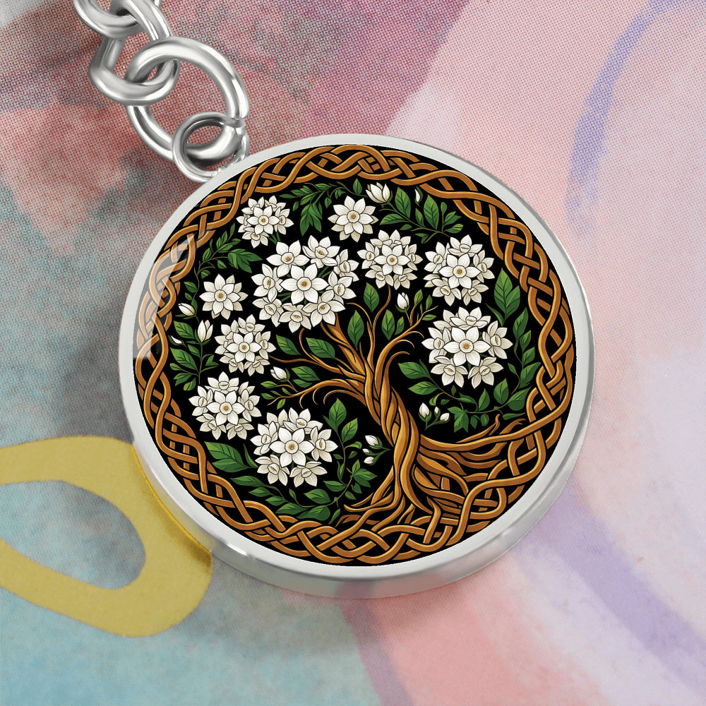 Celtic Tree of Life Pendant Keychain - Narcissus December Birth Flower Jewelry