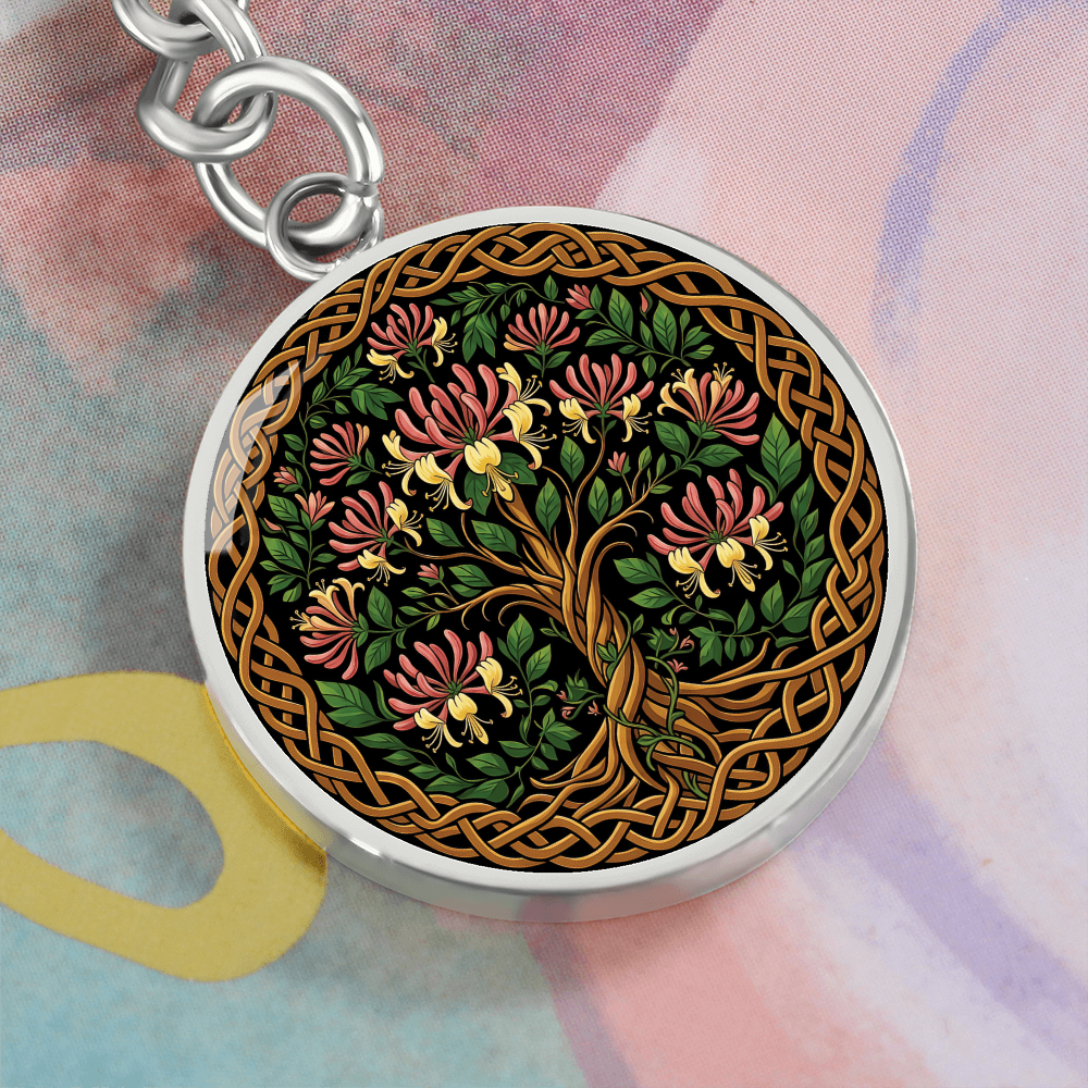Celtic Tree of Life Pendant Keychain - Honeysuckle June Birth Flower Jewelry