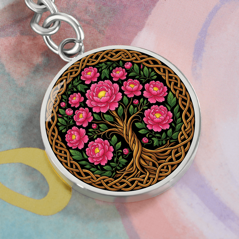 Celtic Tree of Life Pendant Keychain - Peony November Birth Flower Jewelry