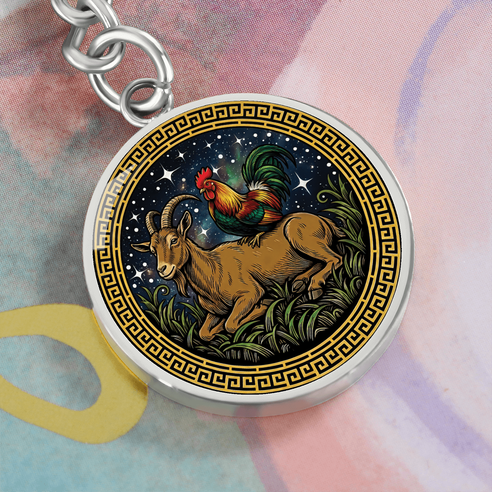Rooster & Goat Keychain - Couples Chinese Zodiac Animal Pendant Jewelry