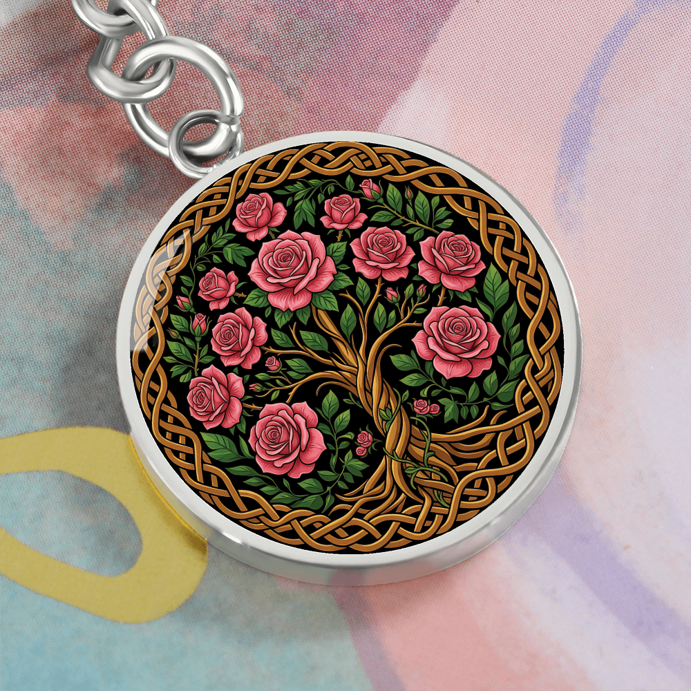Celtic Tree of Life Pendant Keychain - Rose June Birth Flower Jewelry