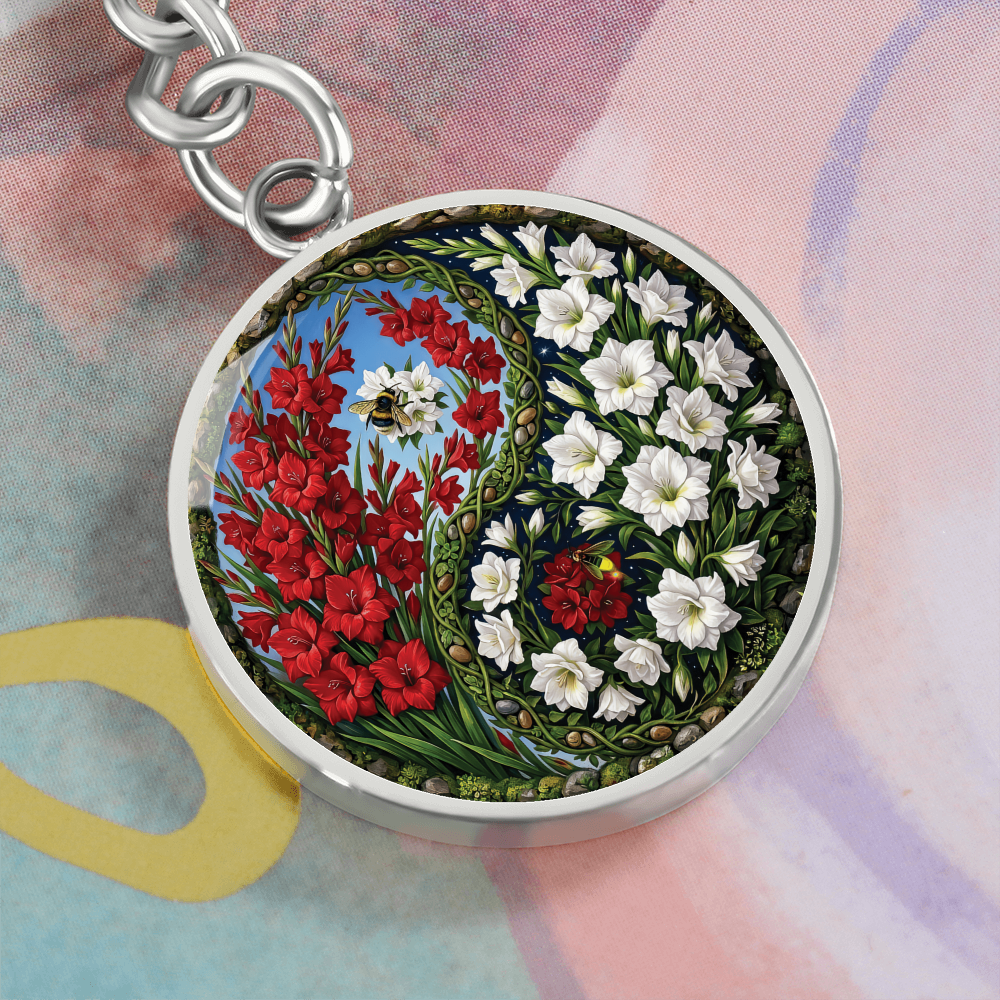 Gladiolus Yin Yang Keychain - August Birth Month Flower Pendant Jewelry