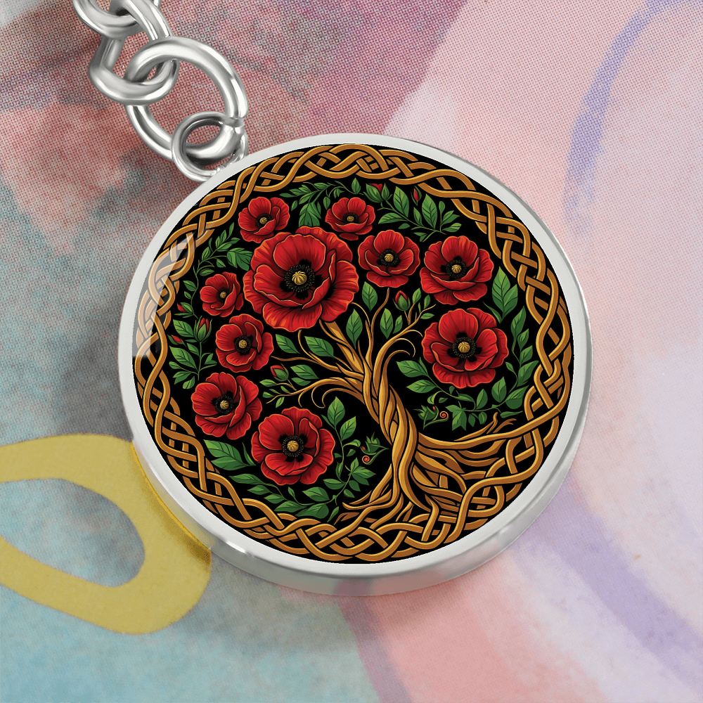 Celtic Tree of Life Pendant Keychain - Poppy August Birth Flower Jewelry