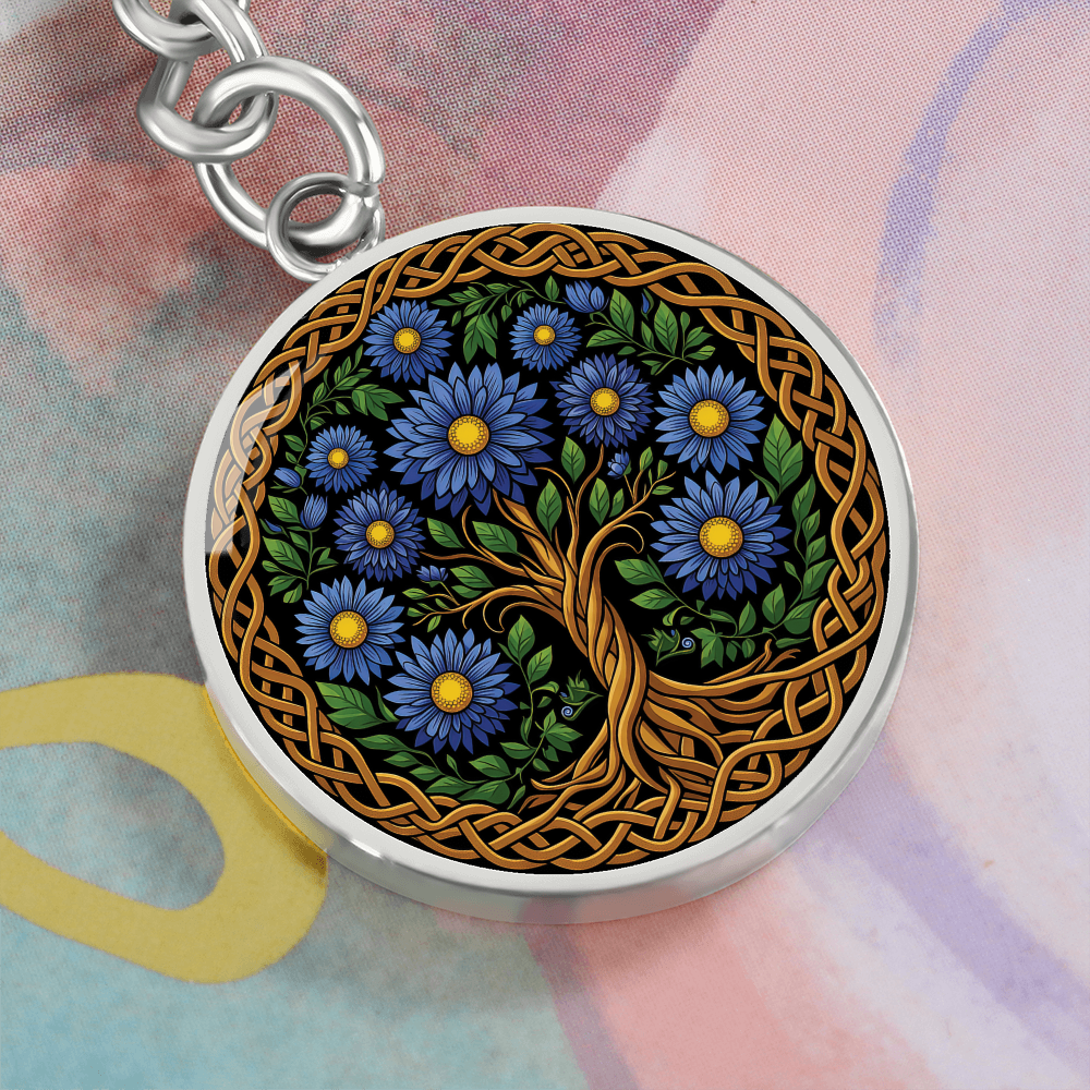 Celtic Tree of Life Pendant Keychain - Aster September Birth Flower Jewelry