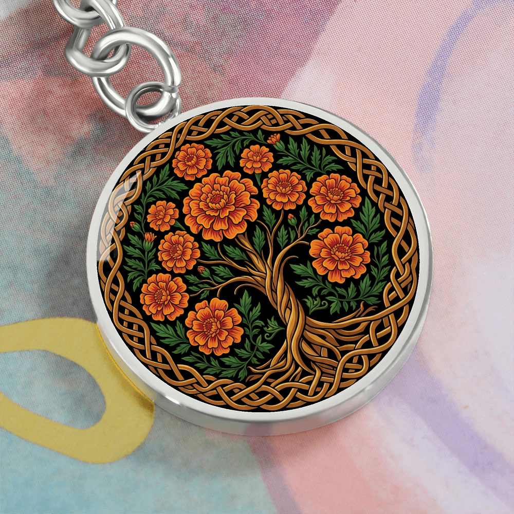 Celtic Tree of Life Pendant Keychain - Marigold October Birth Flower Jewelry