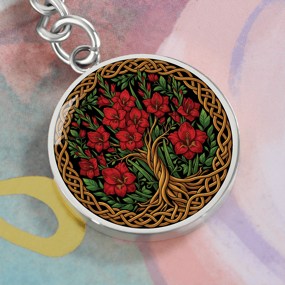 Celtic Tree of Life Pendant Keychain - Gladiolus August Birth Flower Jewelry