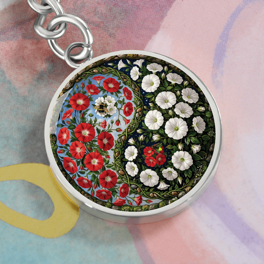 Red and White Morning Glory Yin Yang Keychain - September Birth Month Flower Pendant Jewelry